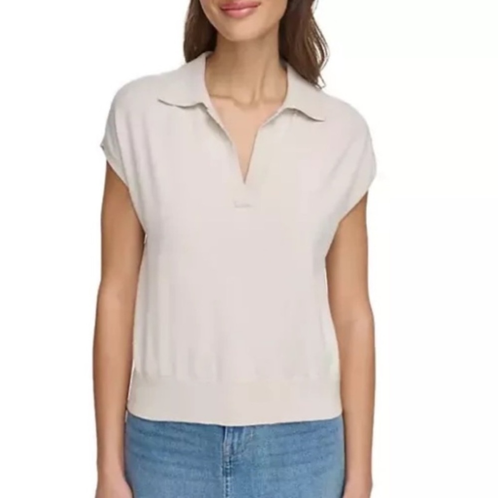 DKNY Cream Modern Fit Sleeveless Collared Sweater XXL
